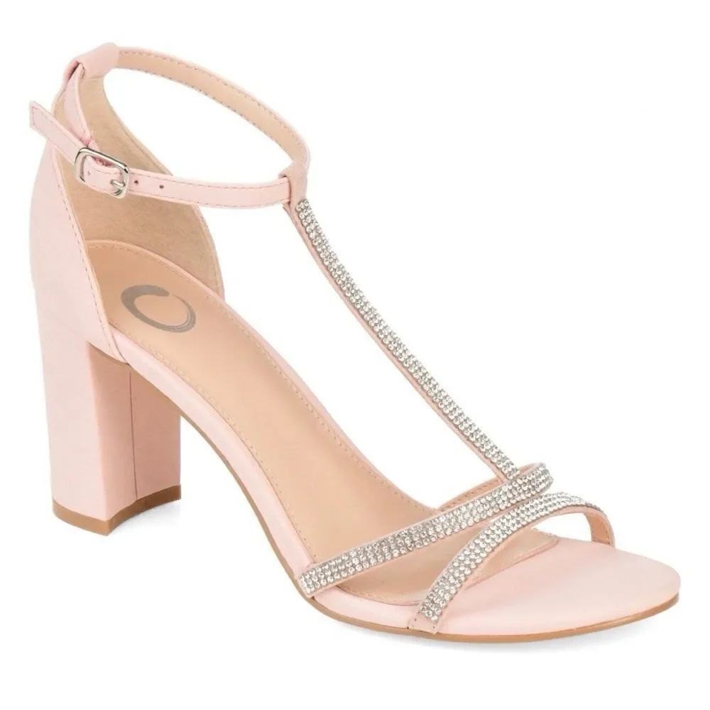 Journee DENALI Blush Pink Rhinestone Sparkle T strap Open Toe Block Heel Sandals